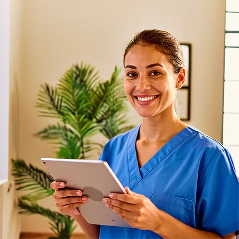 midwife holding a tablet, in a serene room